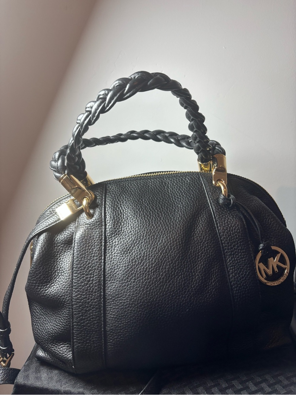 Michael Kors Black Pebbled Leather Satchel with Braided Handles